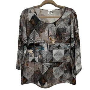 Parsley & Sage Tunic Top Black Gray Abstract Artsy 3/4 Sleeve Size L Stretch